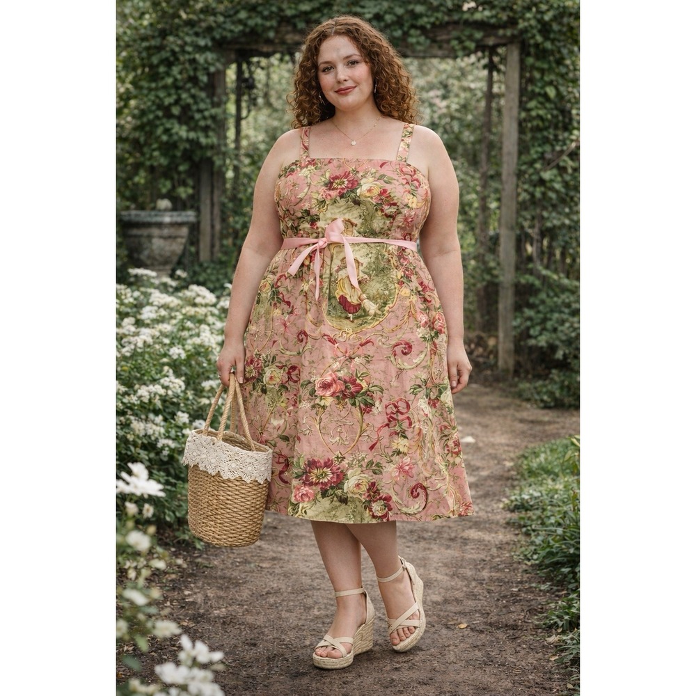 Fenini Pink Floral Etoile Empire Waist Cottagecore Garden Party‎ Dress 22 USA